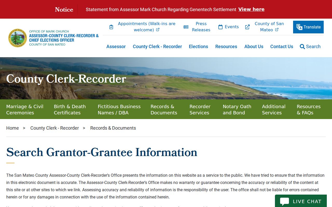 San Carlos previous residents grantor grantee search guidance