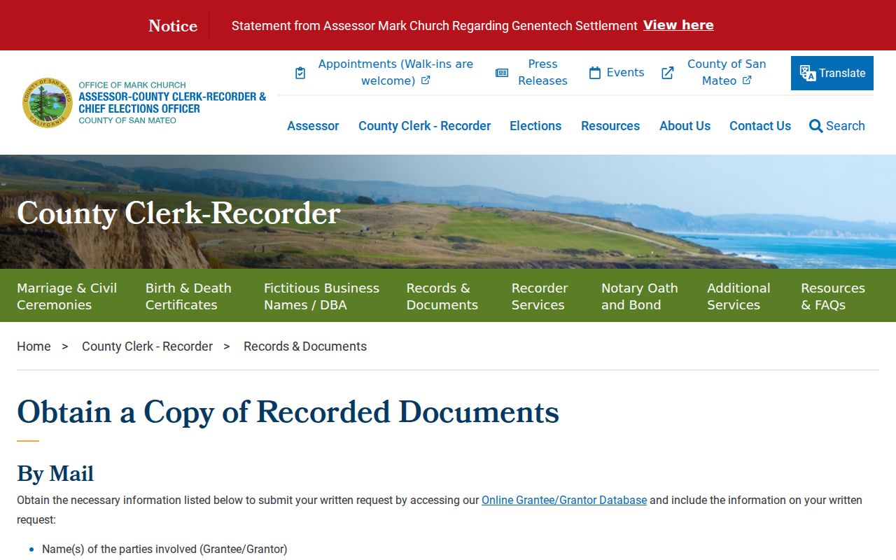 San Carlos previous residents recorded document copy request